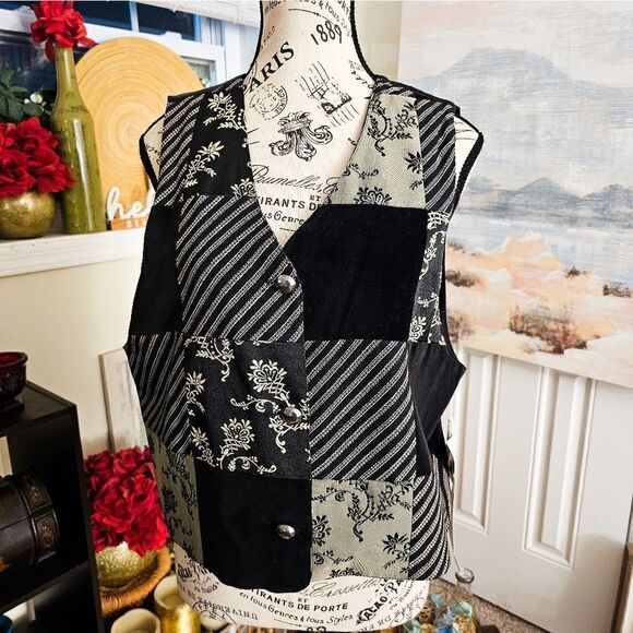 VTG Stonebridge Black & Grey Patchwork Corduroy Vest. - Picture 2 of 16